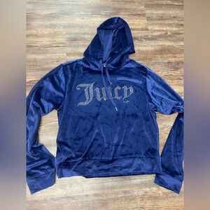 Navy velour Juicy Couture hoodie with rhinestone logo
